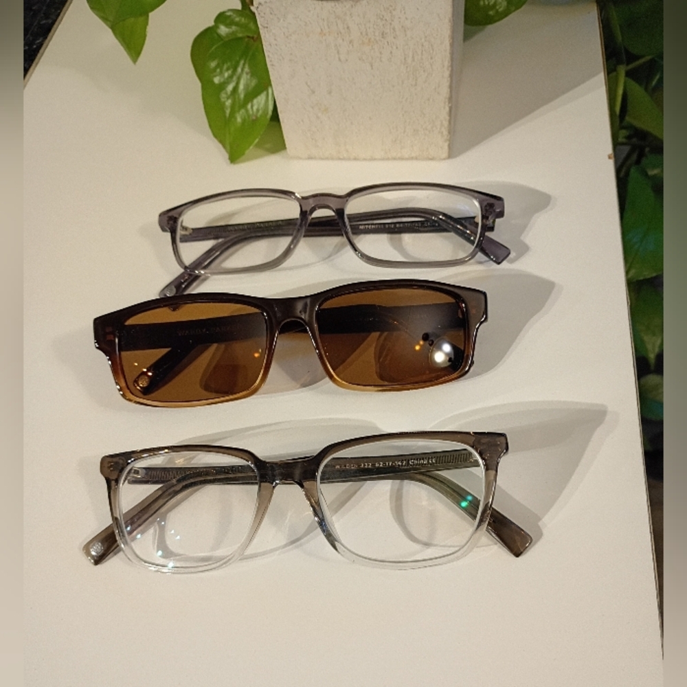Warby Parker Trio: Gray, Brown & Clear-Gray Frames